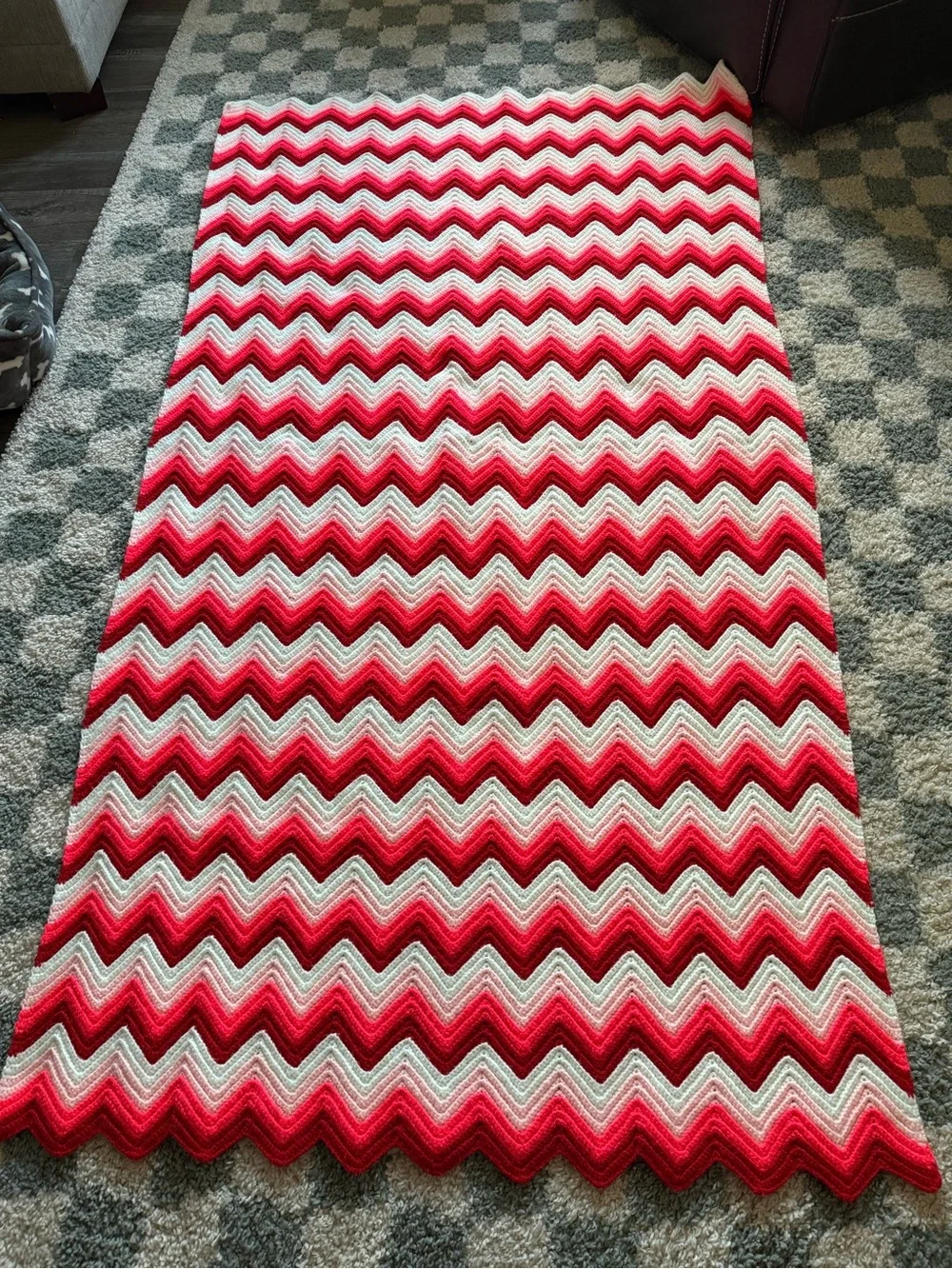 VTG Handmade Pink White Chevron Crochet Afghan Throw Blanket Hippie Boho Granny